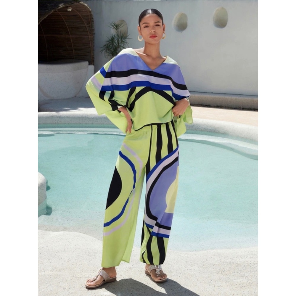 Ador Satin VNeck Geometric Print Poncho Blouse & Wide Leg Pant 2pc Set Small NWT